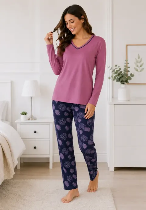 Pijama de dama mov cu maneca lunga si pantaloni lungi blumarin cu frunze