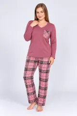Pijama de dama cu bluza cu maneca lunga roz prafuit si pantaloni lungi in carouri