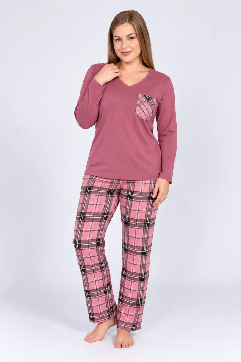 Pijama de dama cu bluza cu maneca lunga roz prafuit si pantaloni lungi in carouri
