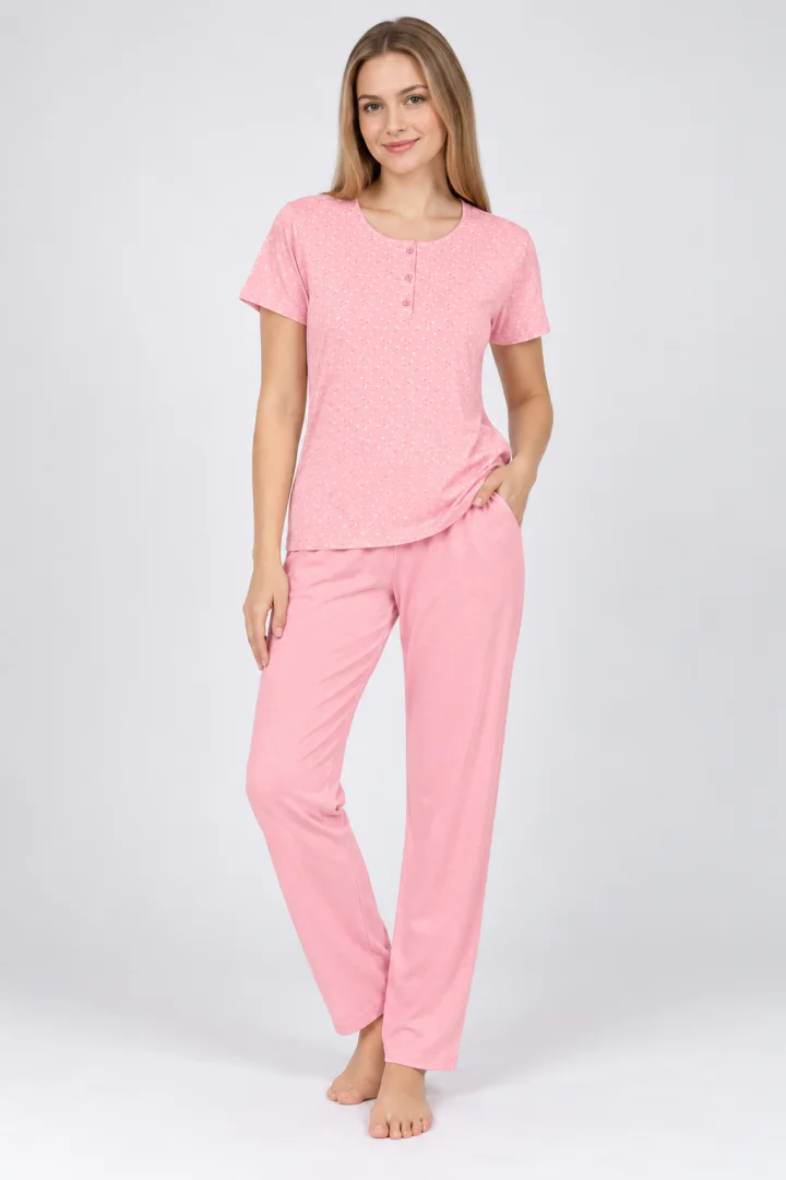 Pijama damă ROZ din bumbac mânecă scurta și pantaloni 3/4