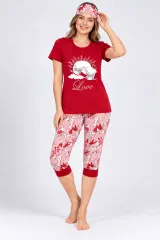 Pijama dama din bumbac, tricou si pantaloni 3/4 cu manseta, imprimeu Love, masca de dormit asortata