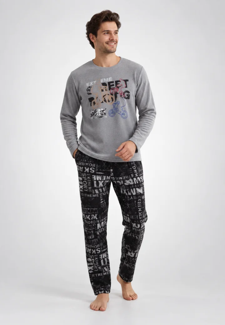 Pijama barbati polar, culoare gri, imprimeu Street Racing