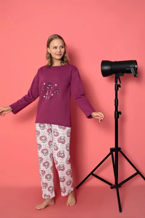 Pijama damă vătuită cu mânecă lungă și pantaloni, imprimeu Teddy