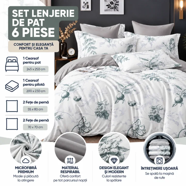 Set Lenjerie de Pat Dublu din Microfibră Premium, 6 Piese, Cearșaf 245x250 cm
