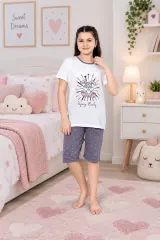 Pijama fetițe din bumbac cu tricou și pantaloni 3/4 – imprimeu Baby, alb