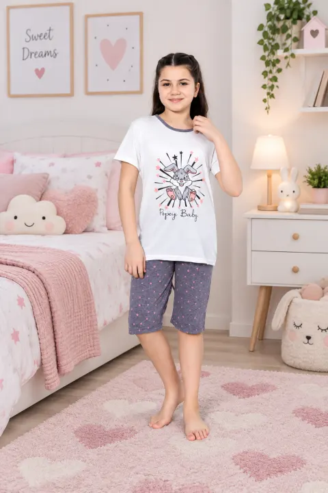 Pijama fetițe din bumbac cu tricou și pantaloni 3/4 – imprimeu Baby, alb