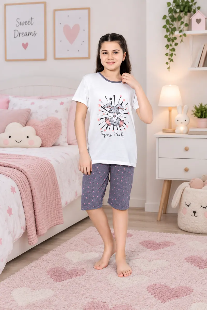 Pijama fetițe din bumbac cu tricou și pantaloni 3/4 – imprimeu Baby, alb