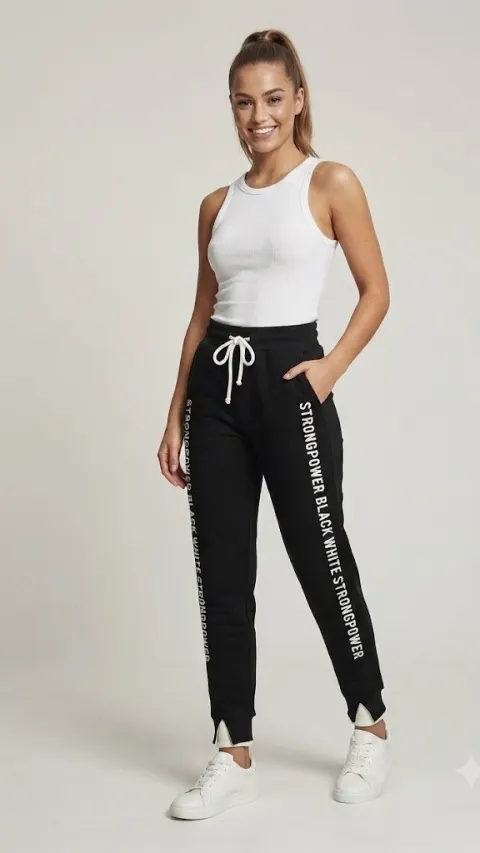 Pantaloni damă negru cu imprimeu lateral „Strong Power”