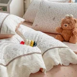 Lenjerie de Pat din 100% Bumbac cu Dantelă, 4 Piese, Cearșaf cu Elastic 180x200 cm