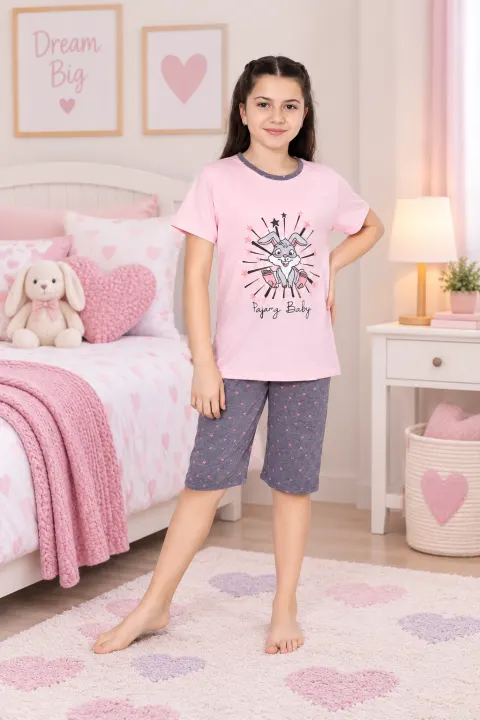 Pijama fetițe din bumbac cu tricou și pantaloni 3/4 – imprimeu Baby, roz
