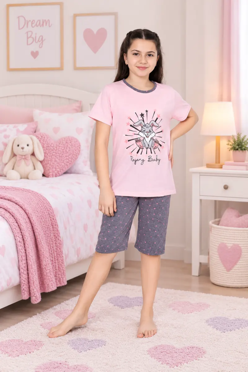 Pijama fetițe din bumbac cu tricou și pantaloni 3/4 – imprimeu Baby, roz