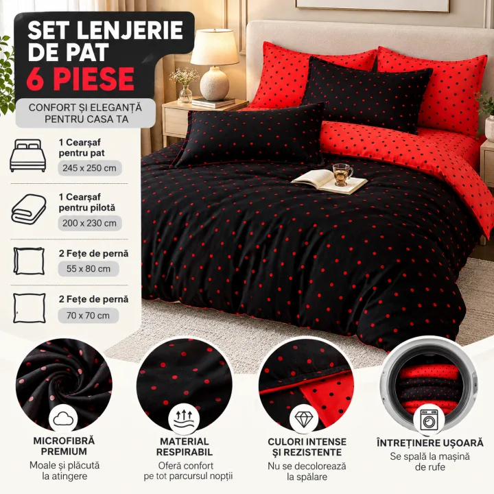 Set Lenjerie de Pat Dublu din Microfibră Premium, 6 Piese, Cearșaf 245x250 cm