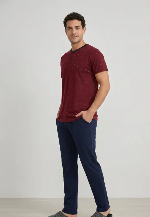 Pijama Bărbați Freenight Culoare Bordo, Imprimeu Minimalist