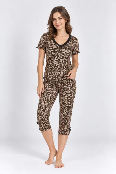 Pijama damă  model leopard, pantaloni 3/4
