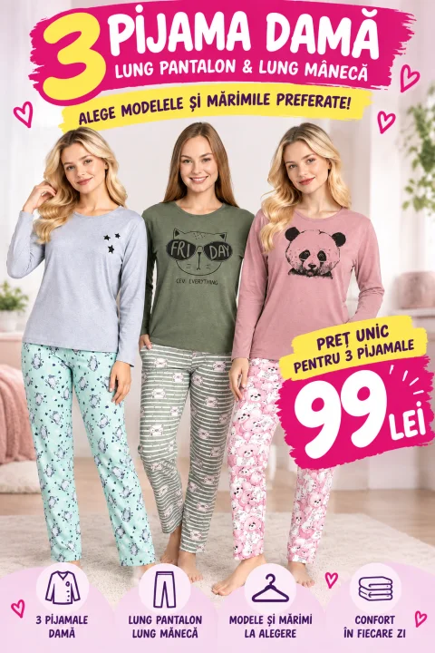 3 Pijamale Damă la Doar 99 Lei