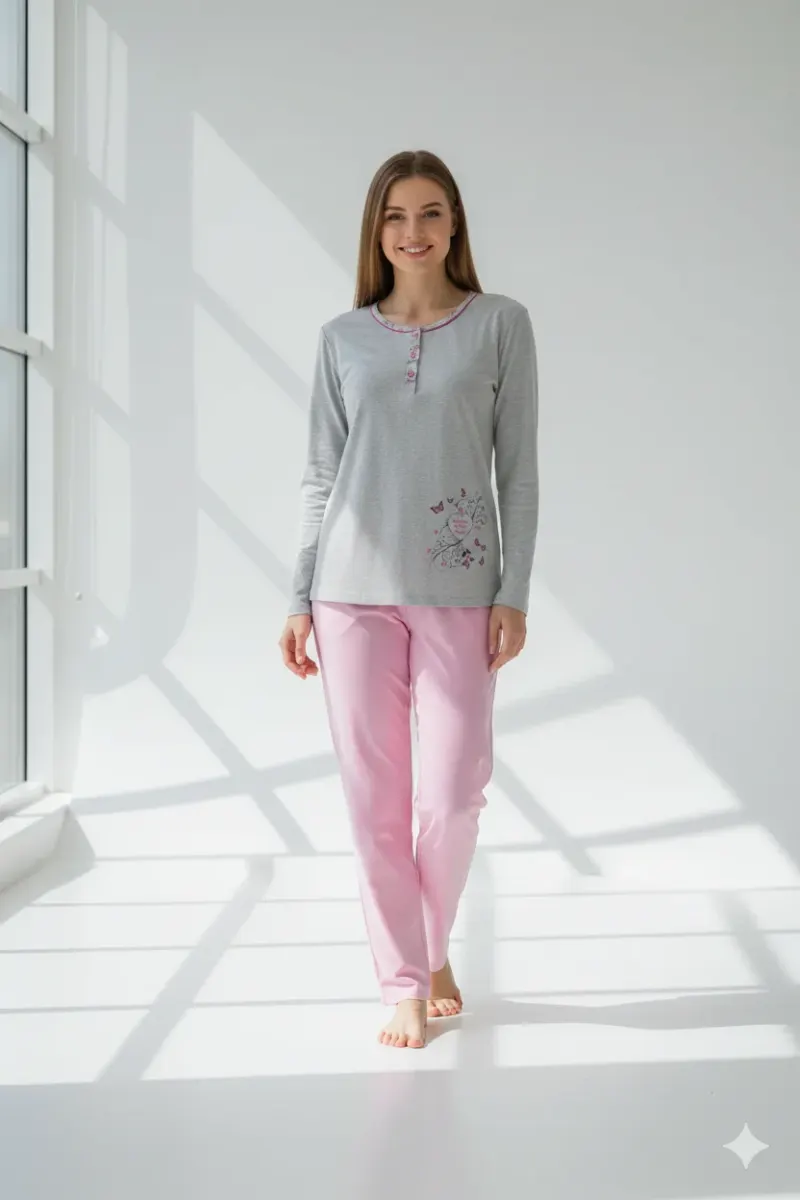 Pijama damă, mânecă lungă și pantaloni lungi gri cu floare