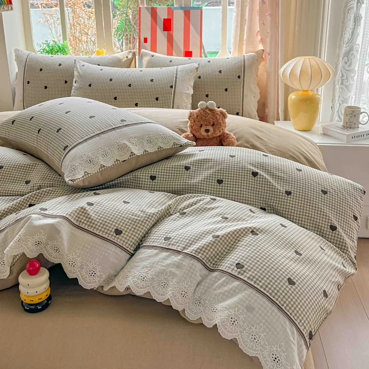 Lenjerie de Pat din 100% Bumbac cu Dantelă, 4 Piese, Cearșaf cu Elastic 180x200 cm