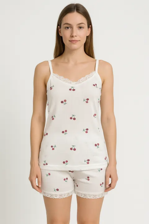 Pijama damă maiou și short – imprimeu cirese