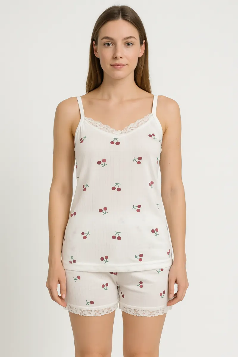 Pijama damă maiou și short – imprimeu cirese