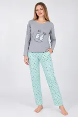 Pijama damă Gri, mânecă lungă și pantaloni lungi verzi