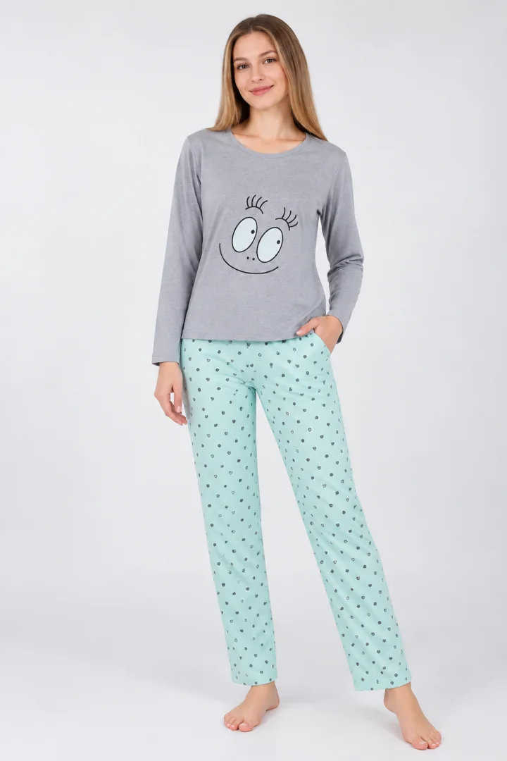 Pijama damă Gri, mânecă lungă și pantaloni lungi verzi