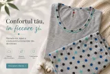 Pijama damă, mânecă lungă și pantaloni lungi gri cu buline