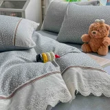 Lenjerie de Pat din 100% Bumbac cu Dantelă, 4 Piese, Cearșaf cu Elastic 180x200 cm