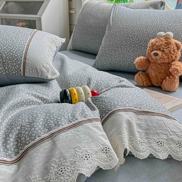 Lenjerie de Pat din 100% Bumbac cu Dantelă, 4 Piese, Cearșaf cu Elastic 180x200 cm