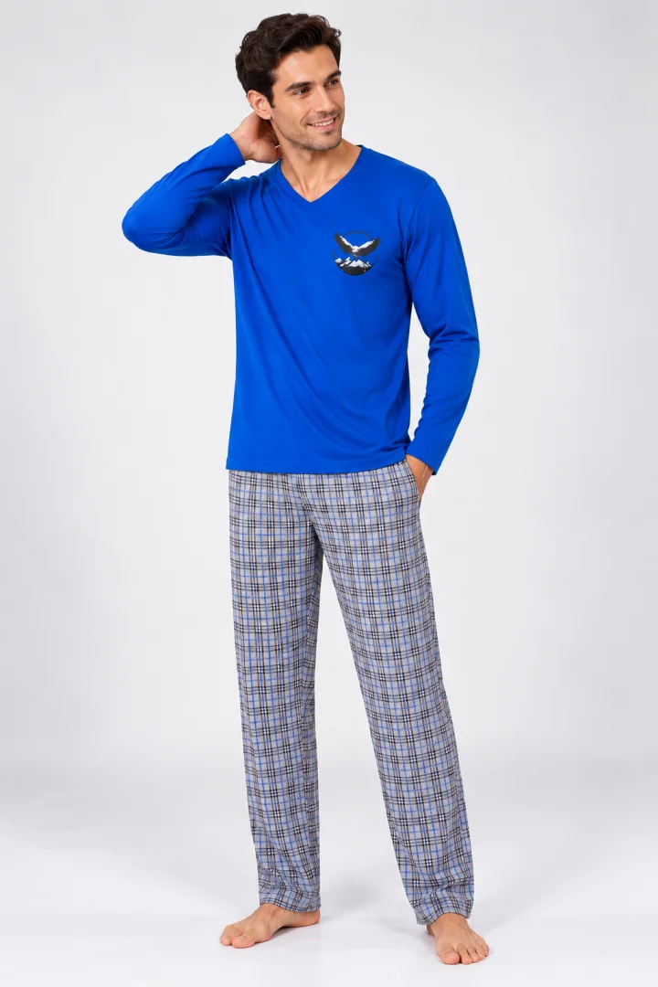 Pijama barbat albastru safir cu carouri gri