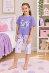Pijama fetițe din bumbac „LOVE SUMMER” – tricou și pantaloni 3/4, mov