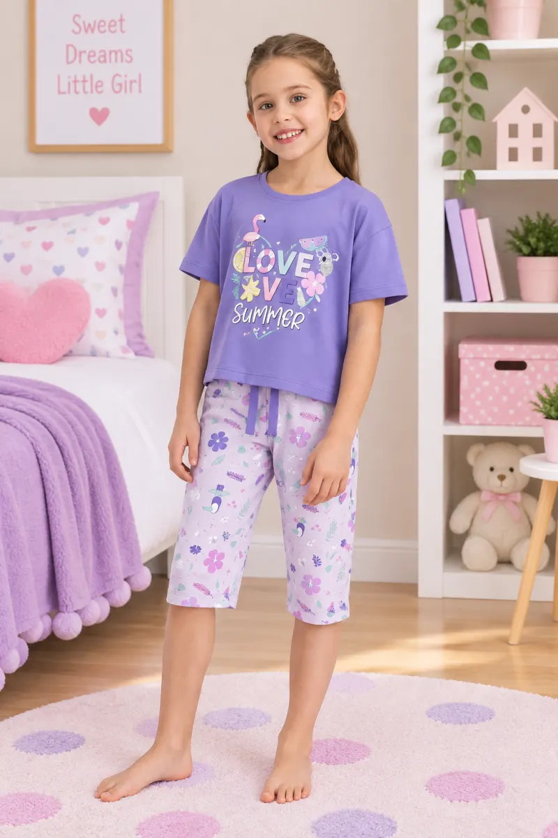 Pijama fetițe din bumbac „LOVE SUMMER” – tricou și pantaloni 3/4, mov