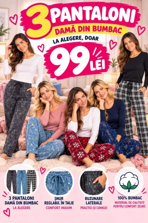 3 Pantaloni Damă din Bumbac cu Buzunare și Șnur – 99 Lei