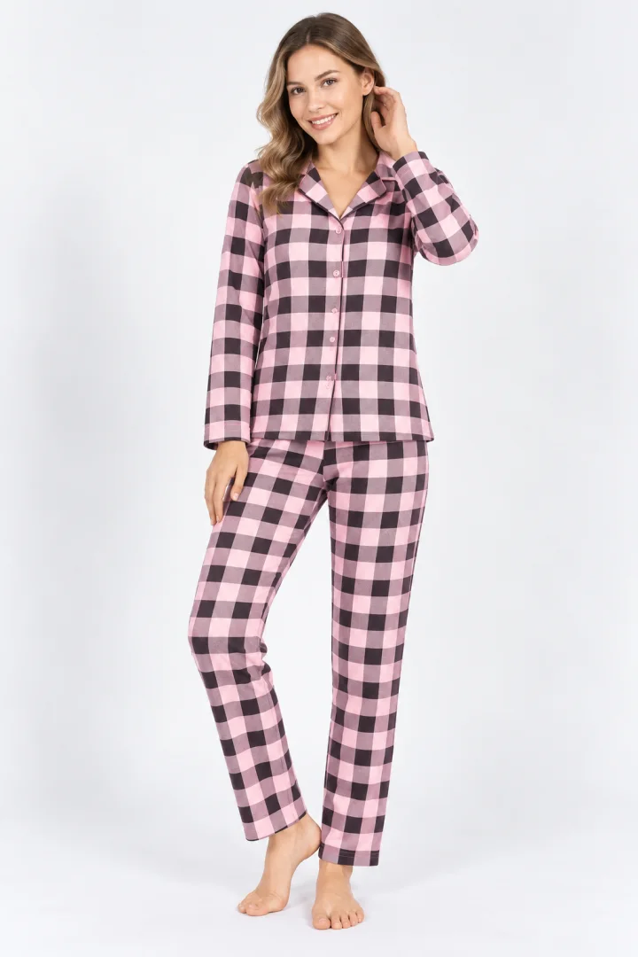 Pijama damă în carouri roz cu negru