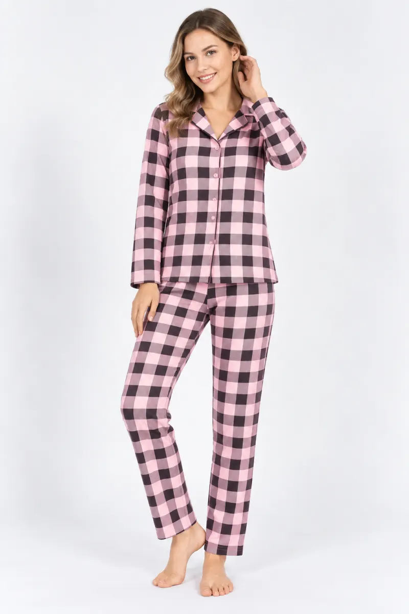 Pijama damă în carouri roz cu negru