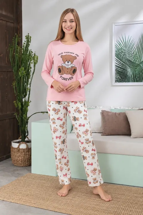 Pijama damă roz cu imprimeu cu ursuleț și text „True Friends Are Forever”