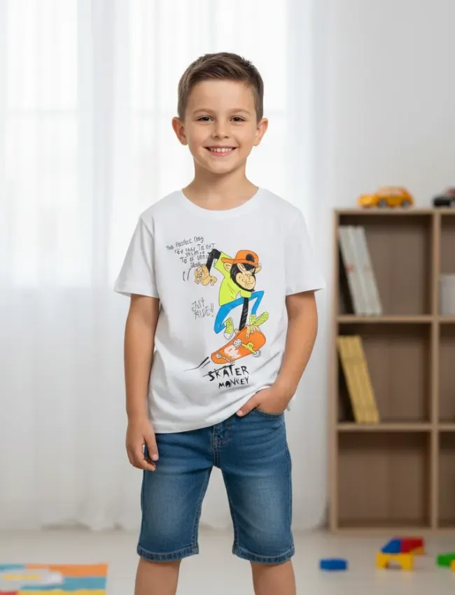 Tricou băieți alb cu imprimeu „Skater Monkey”