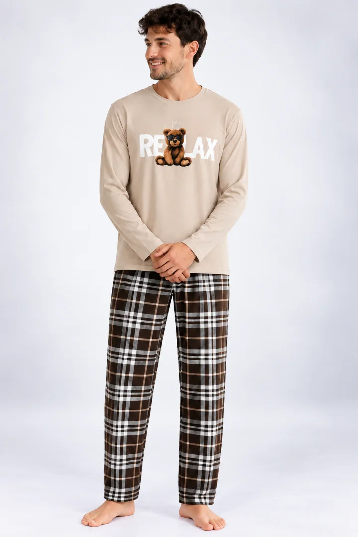 Pijama barbat bej cu carouri maro