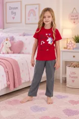 Pijama fetițe din bumbac cu tricou și pantaloni lungi – Space Unicorn, roșu