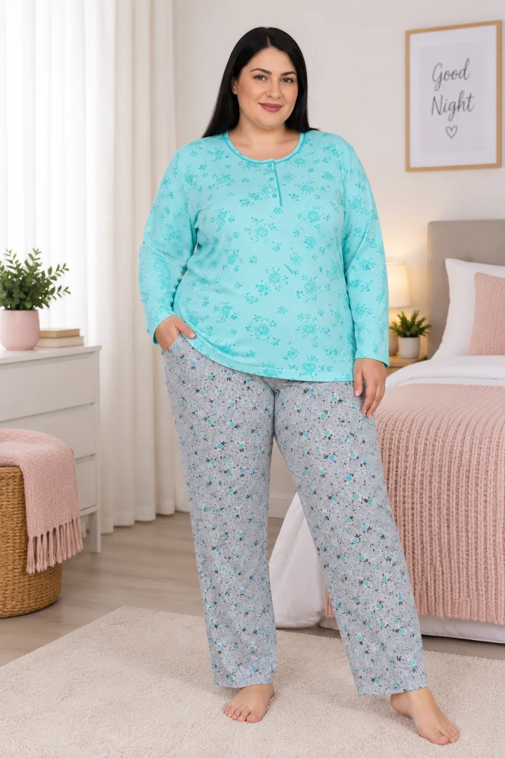 Pijama damă big size din bumbac mânecă lungă și pantaloni lungi, VERDE