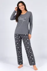Pijama de dama gri cu maneca lunga si pantaloni gri lungi