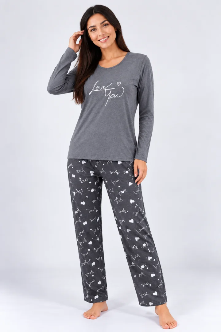 Pijama de dama gri cu maneca lunga si pantaloni gri lungi