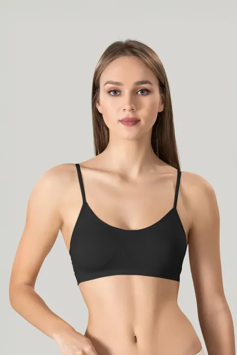 Bustieră damă Miss Fit elastică, cu bretele subțiri, bureți detașabili și design fără cusături, negru