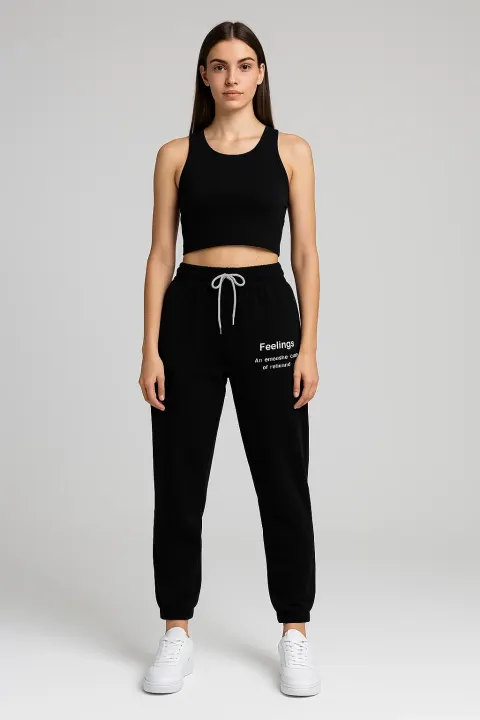 Pantaloni de trening damă negru cu imprimeu "Feeling