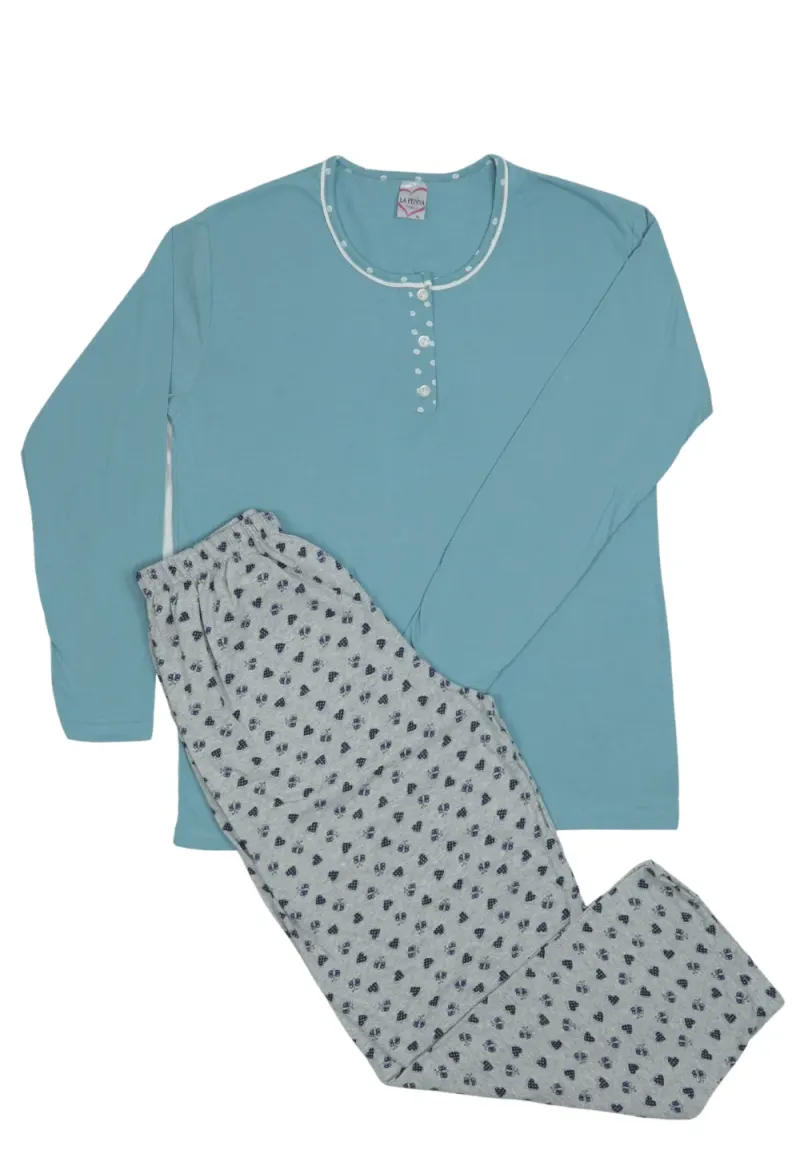 Pijama damă Albastru, mânecă lungă și pantaloni lungi gri