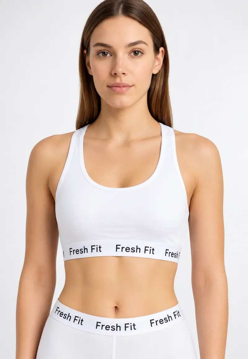 Bustieră sport damă Fresh Fit din bumbac, fără burete și fără balene, cu spate racerback, alb