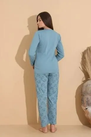 Pijama damă albastru deschis, bluză „Cute” cu ursuleț  cu imprimeu ursuleți