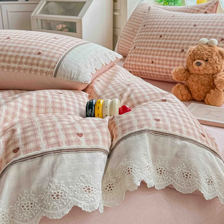 Lenjerie de Pat din 100% Bumbac cu Dantelă, 4 Piese, Cearșaf cu Elastic 180x200 cm