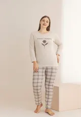 Pijama damă Big Size bej cu imprimeu „Cozy Night”