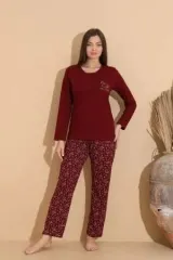 Pijama damă visiniu, bluză „Our Family” și pantaloni cu imprimeu flamingo