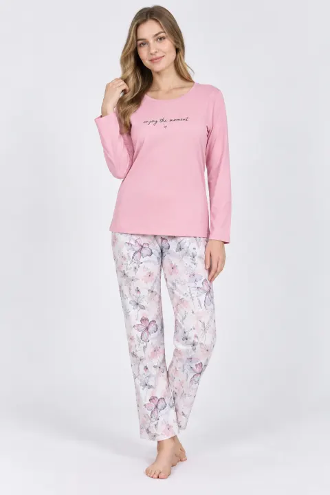 Pijama damă roz pal, bluză „You Tight Forever” și pantaloni cu imprimeu floral